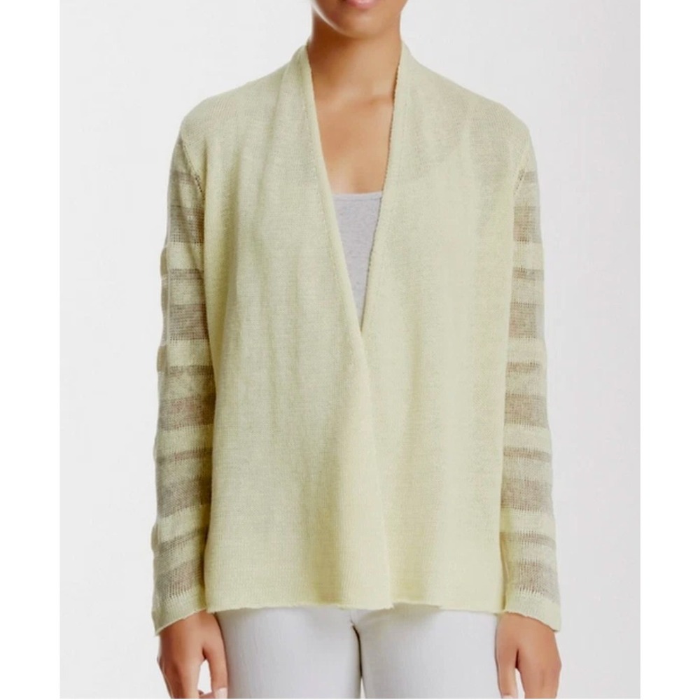 Eileen Fisher Linen Daisy Cardigan Open Butter Yellow Shadow Stripe Sz Sml